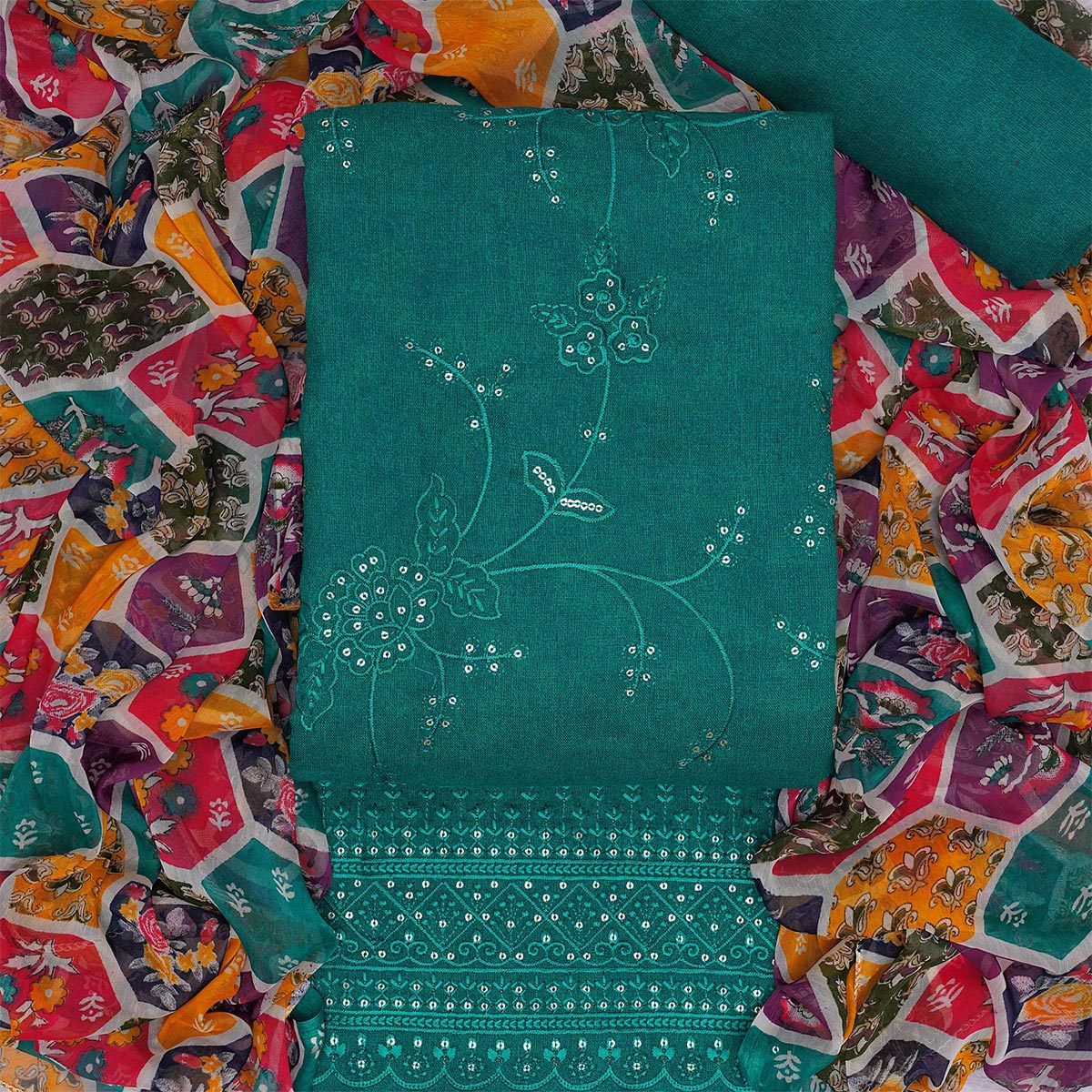 Rama Green Floral Embroidered Cotton Blend Dress Material