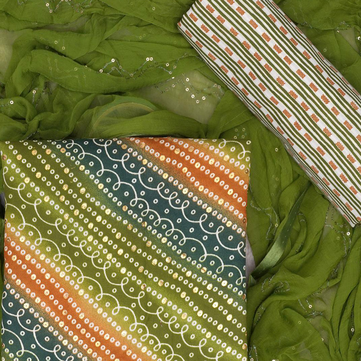 Green Bandhani Foil Printed Dress Material