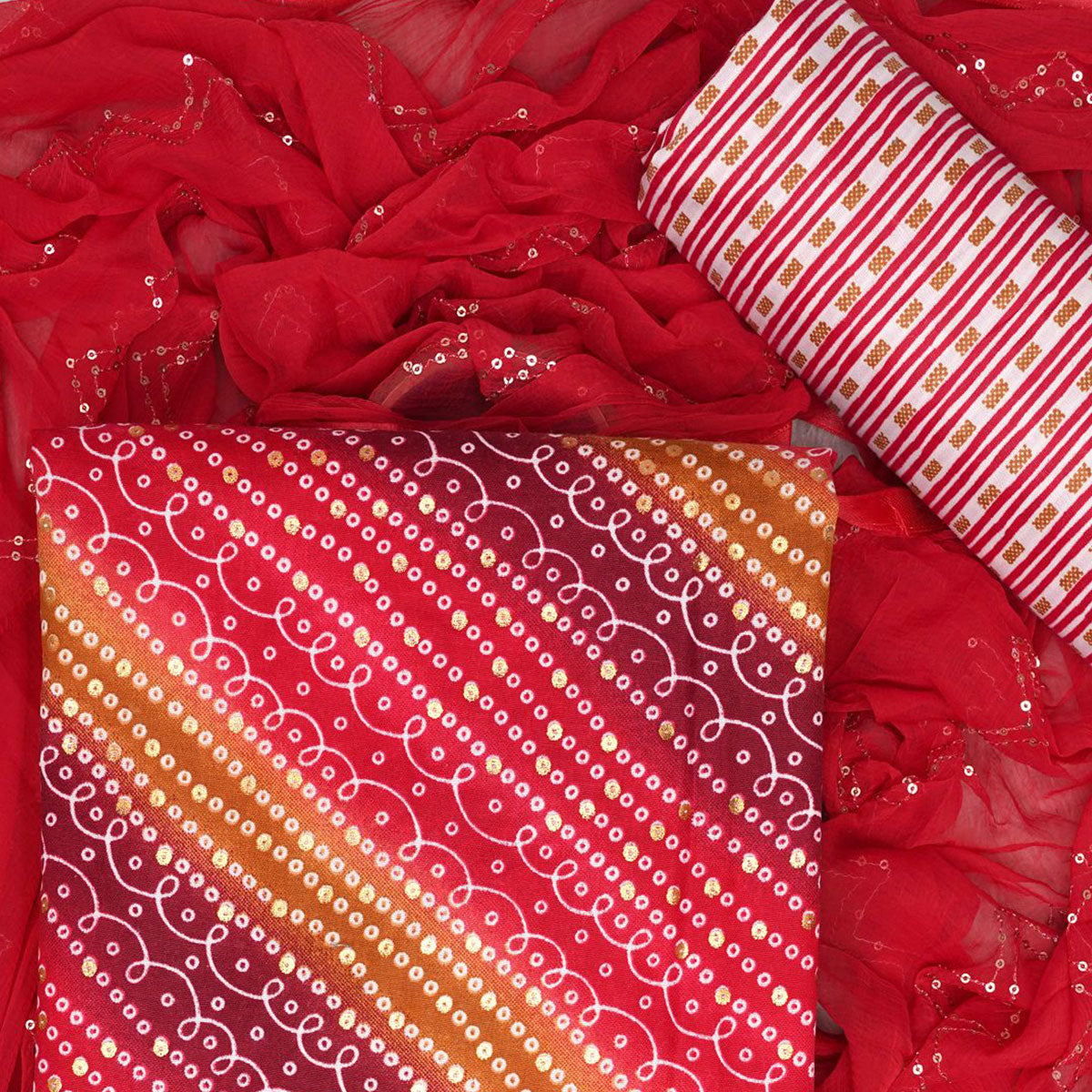 Red Bandhani Foil Printed Dress Material
