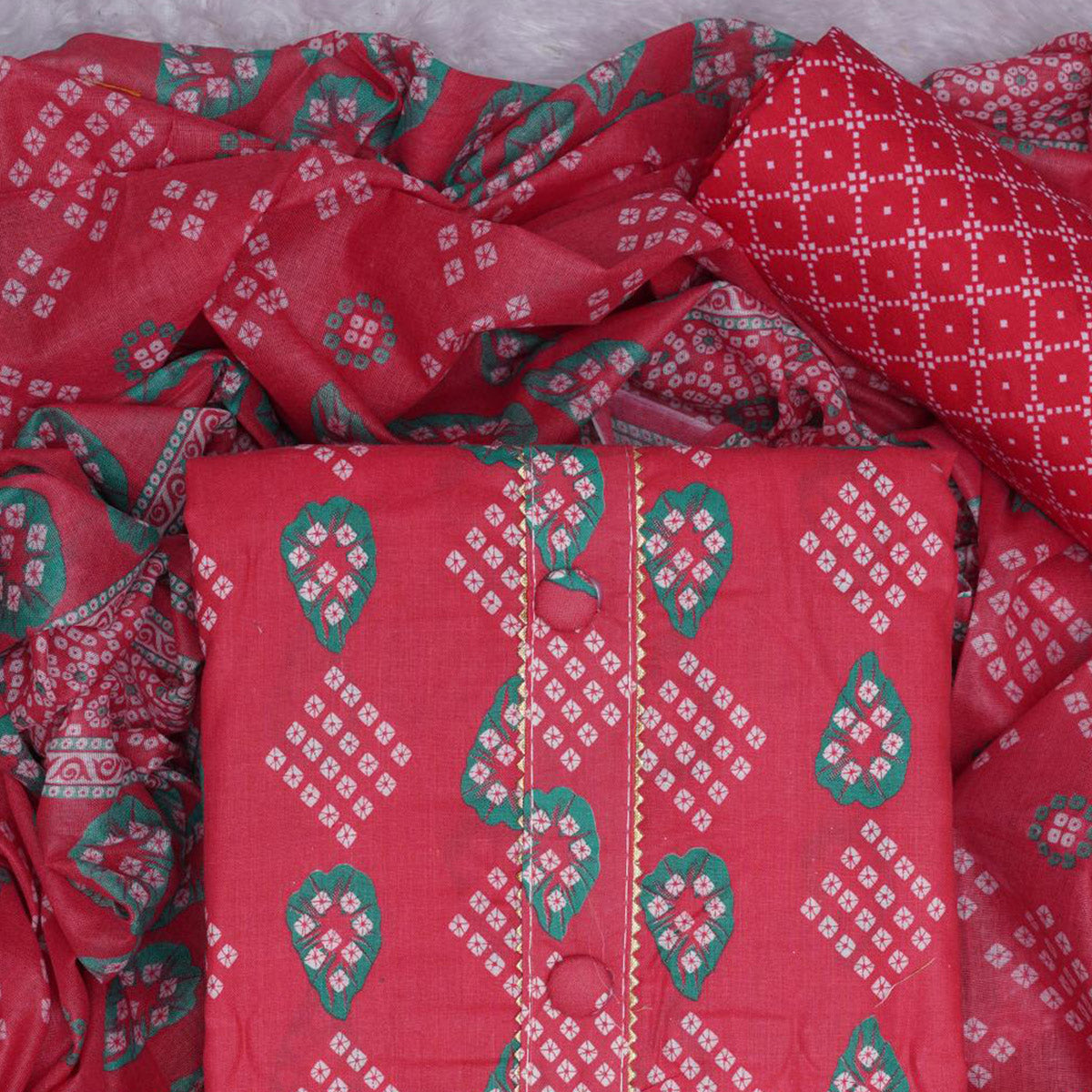 Gajari Pink Bandhani Printed Cotton Blend Dress Material