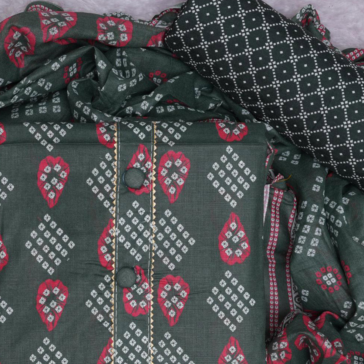 Green Bandhani Printed Cotton Blend Dress Material