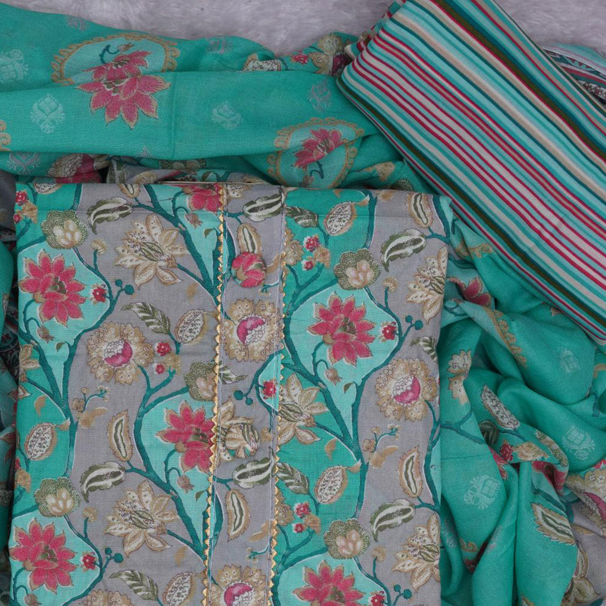 Rama Green Floral Printed Cotton Blend Dress Material