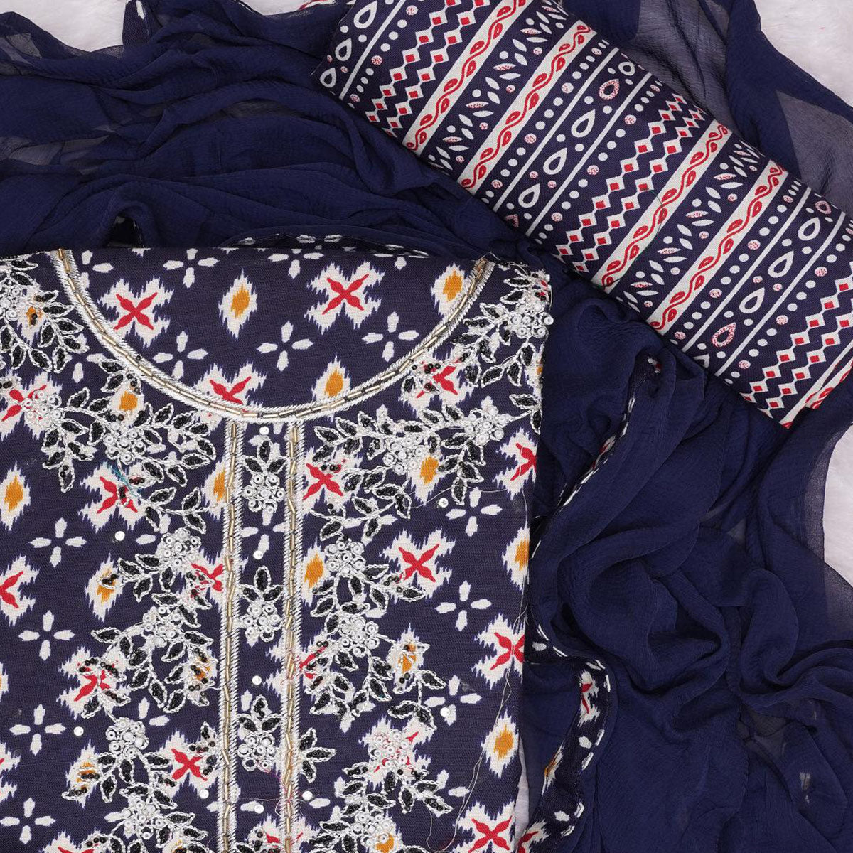 Blue Printed With Embroidered Cotton Blend Dress Material