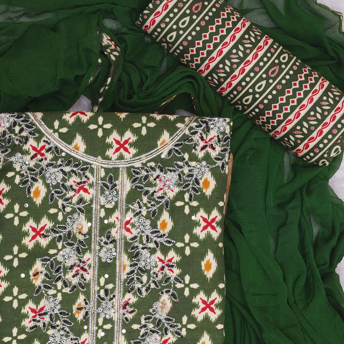 Green Printed With Embroidered Cotton Blend Dress Material