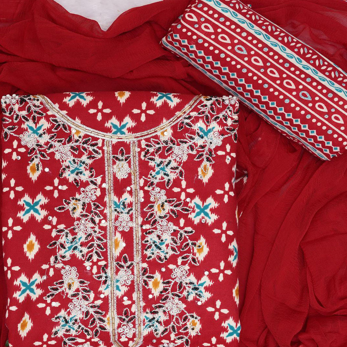 Red Printed With Embroidered Cotton Blend Dress Material