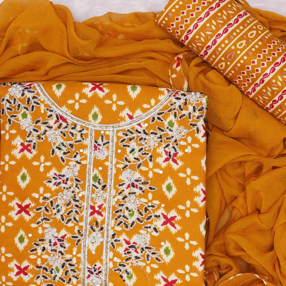 Yellow Printed With Embroidered Cotton Blend Dress Material