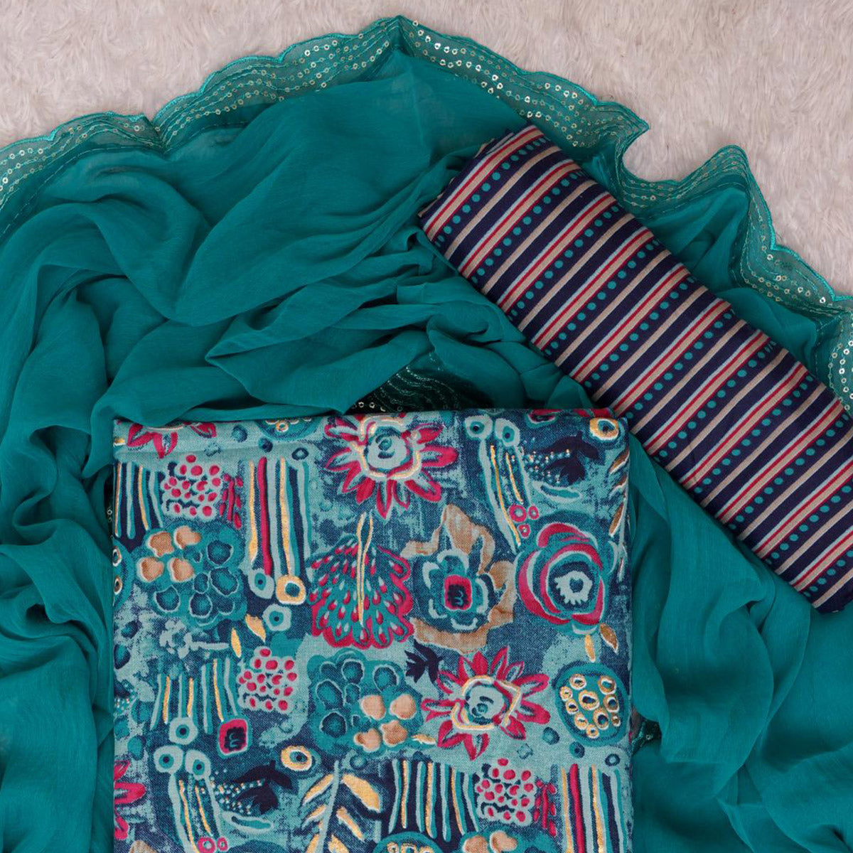 Blue Foil Printed With Sequins Work Cotton Blend Dress Material