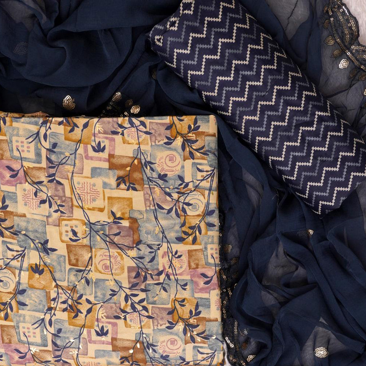 Chikoo & Blue Foil Printed Cotton Blend Dress Material