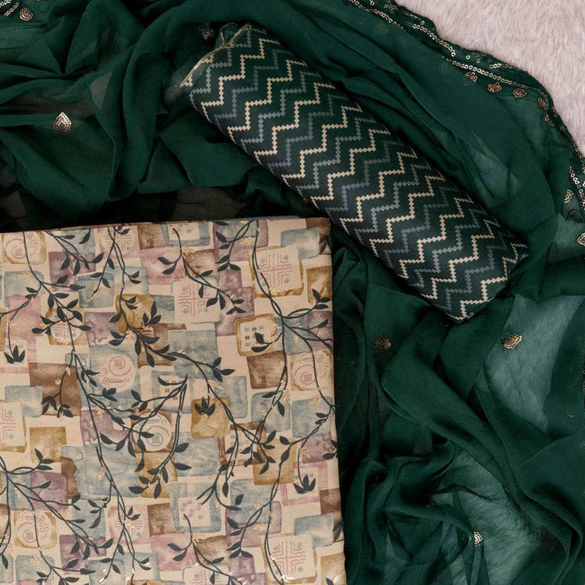 Chikoo & Green Foil Printed Cotton Blend Dress Material