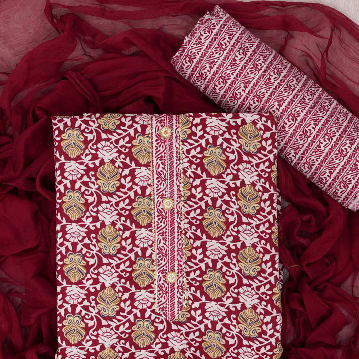 Maroon Foil Printed Cotton Blend Dress Material