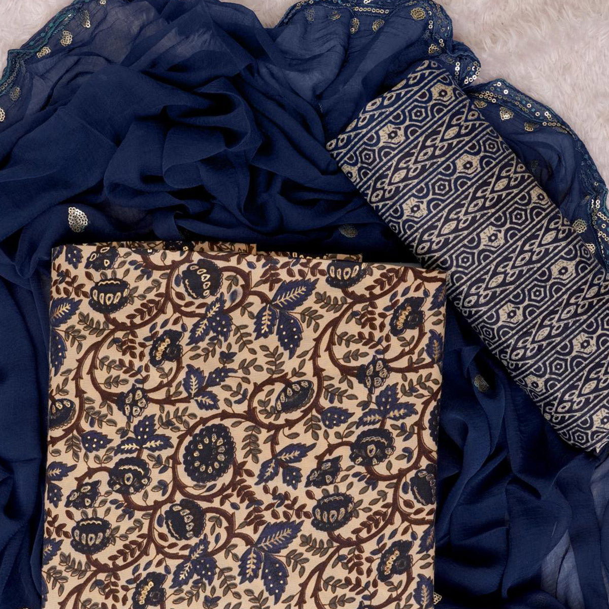 Navy Blue Foil Printed Cotton Blend Dress Material