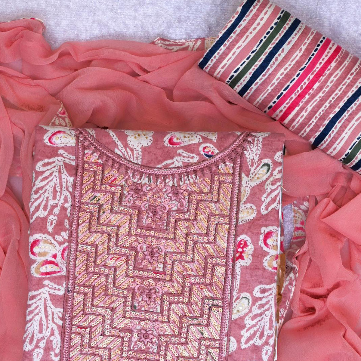 Peach Foil Printed With Sequins Embroidery Cotton Blend Dress Material