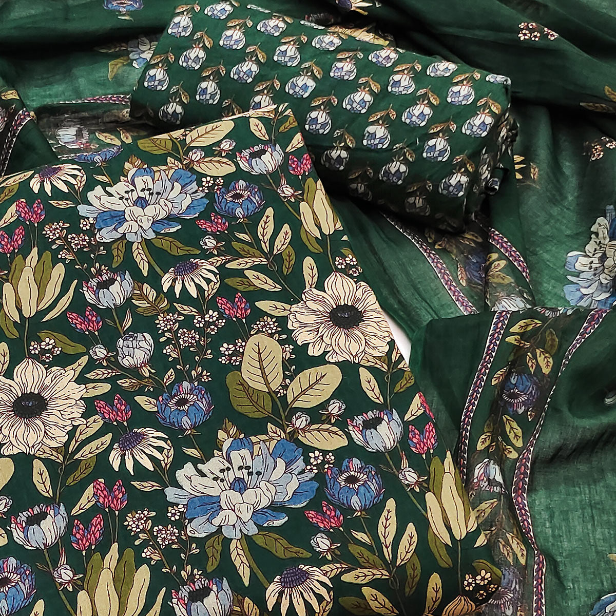 Green Floral Printed Pure Cotton Dress Material