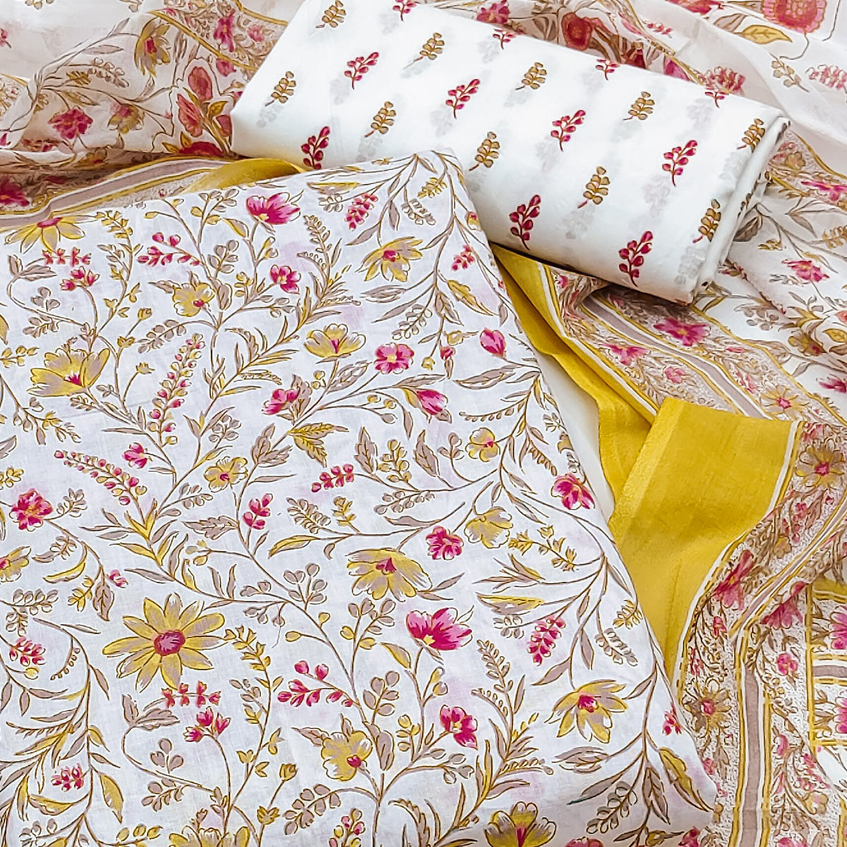 White & Mustard Floral Printed Pure Cotton Dress Material