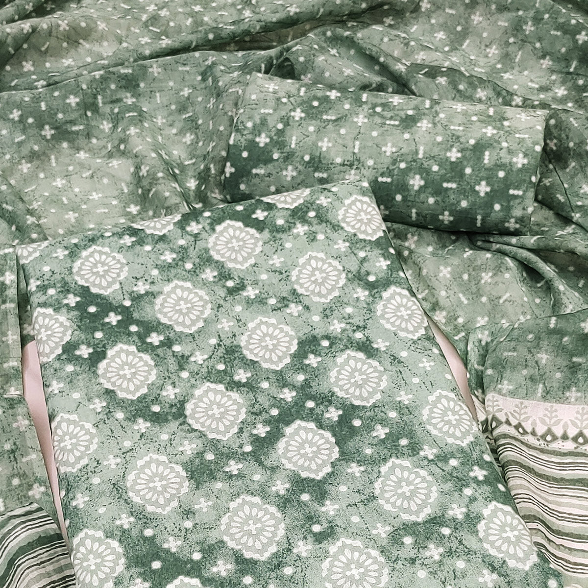 Green Printed Pure Cambric Cotton Dress Material