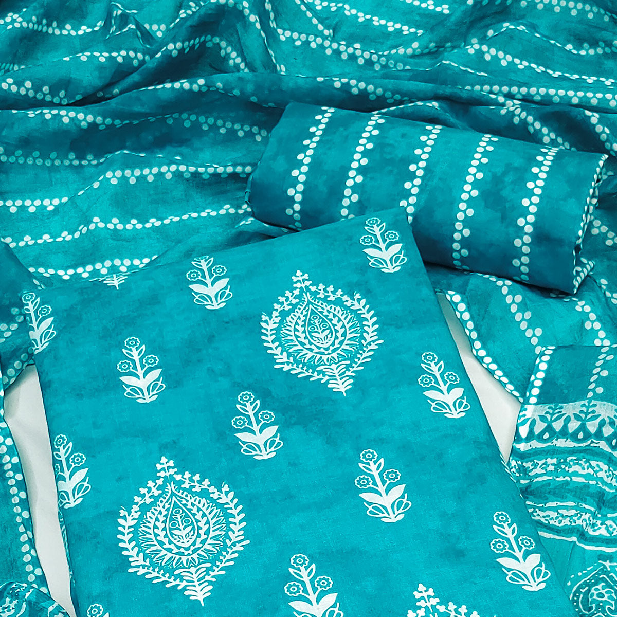 Blue Printed Pure Cambric Cotton Dress Material