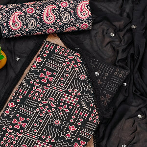Black Printed Pure Cotton Dress Material