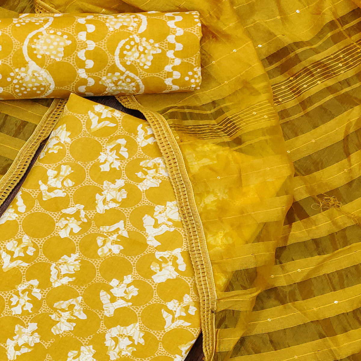Mustard Floral Printed Pure Cotton Dress Material