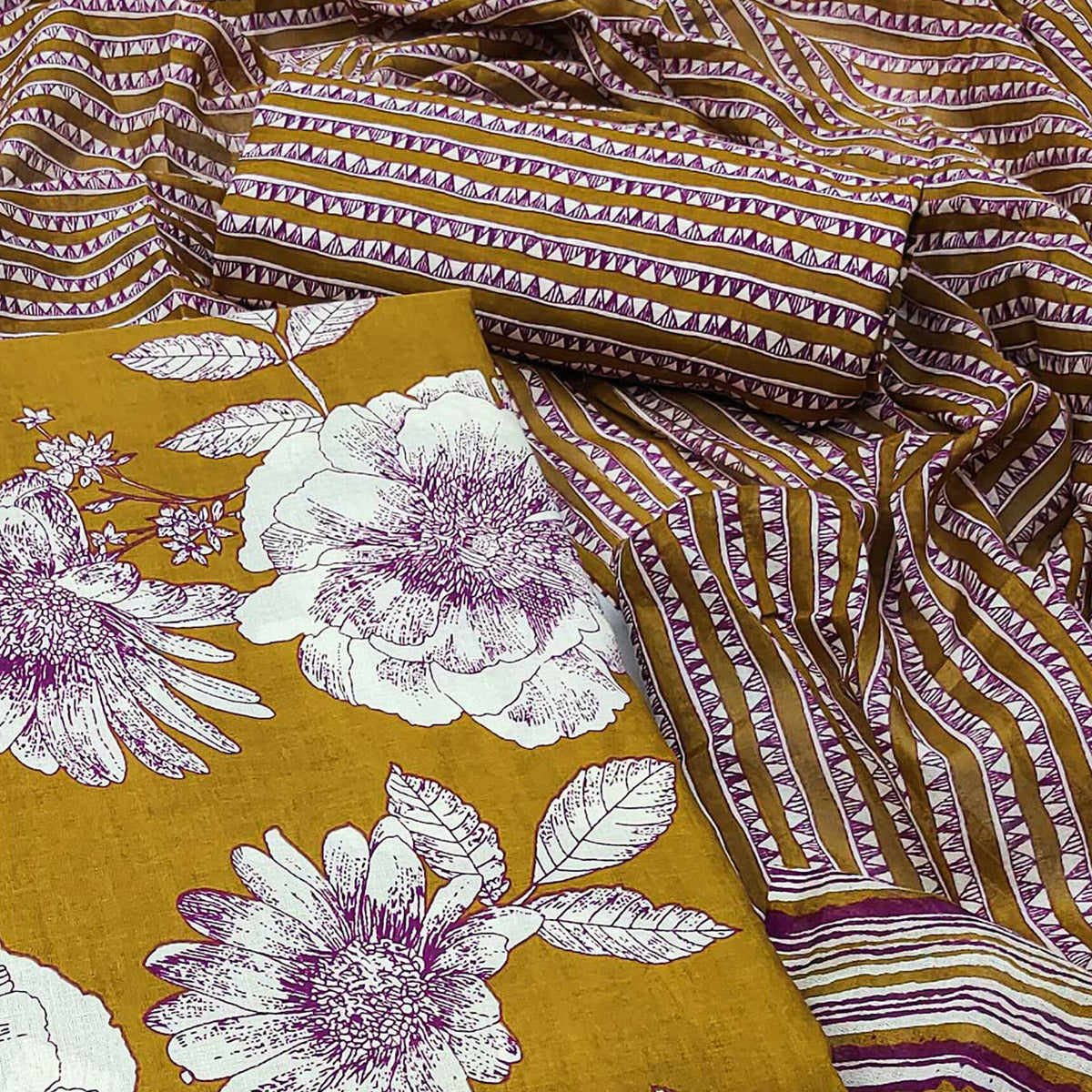 Mustard Floral Printed Pure Cotton Dress Material