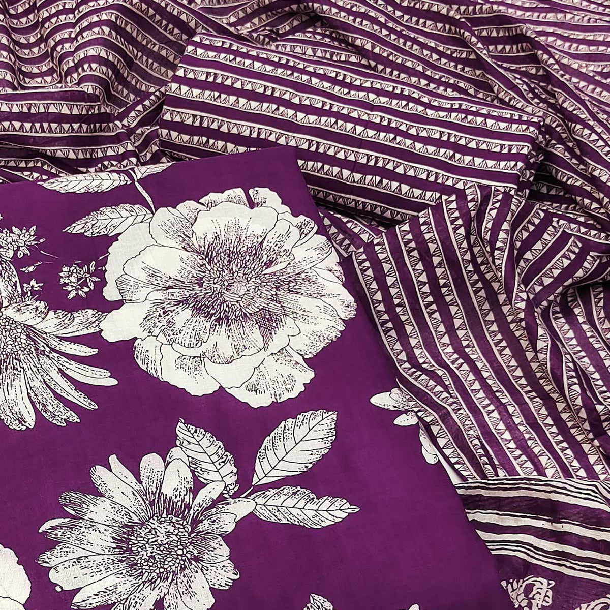 Purple Floral Printed Pure Cotton Dress Material