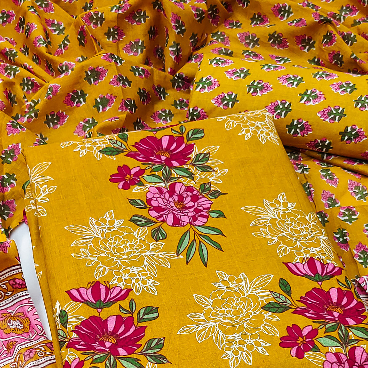 Mustard Floral Printed Pure Cotton Dress Material