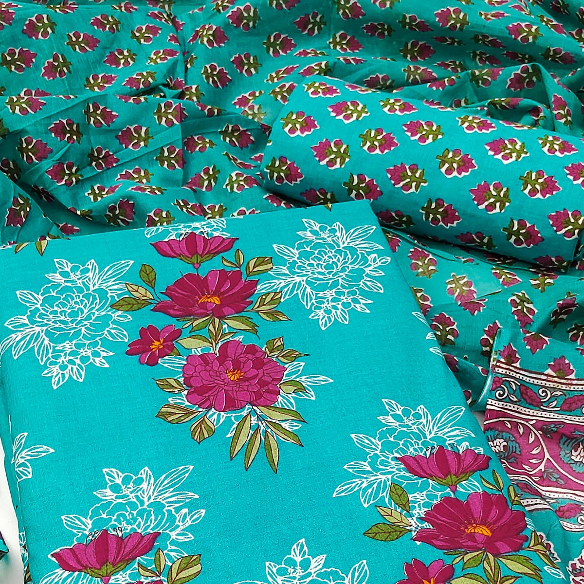 Turquoise Floral Printed Pure Cotton Dress Material