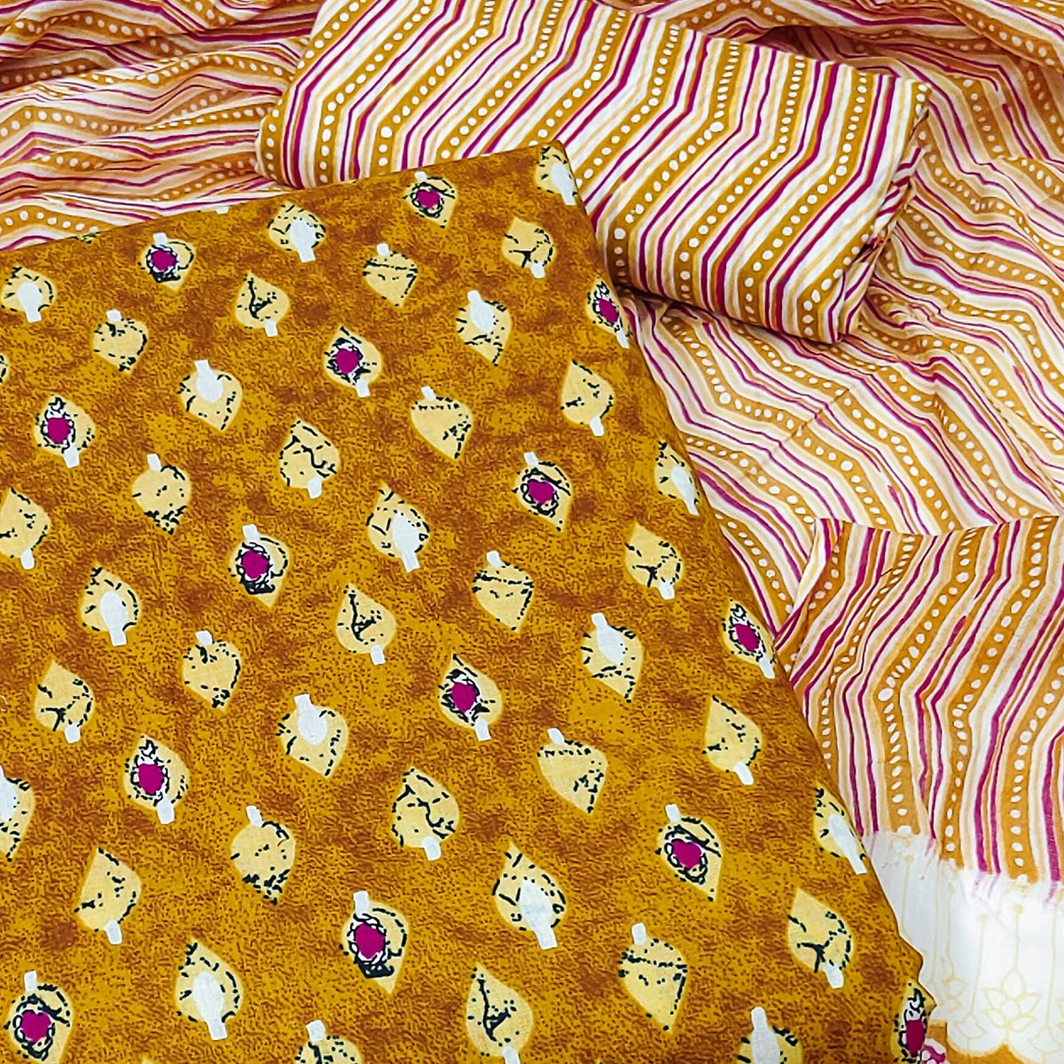 Mustard Floral Printed Pure Cotton Dress Material