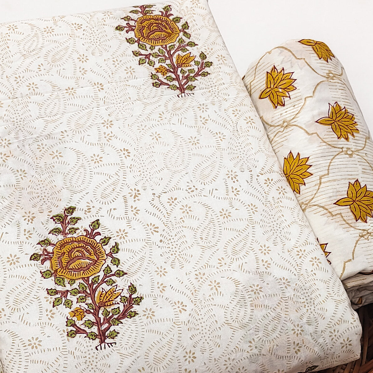 Offwhite Pure Cotton Unstitched Dress Material with Floral Print