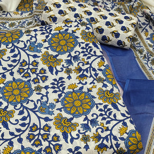 Navy Blue Floral Printed Pure Cotton Dress Material