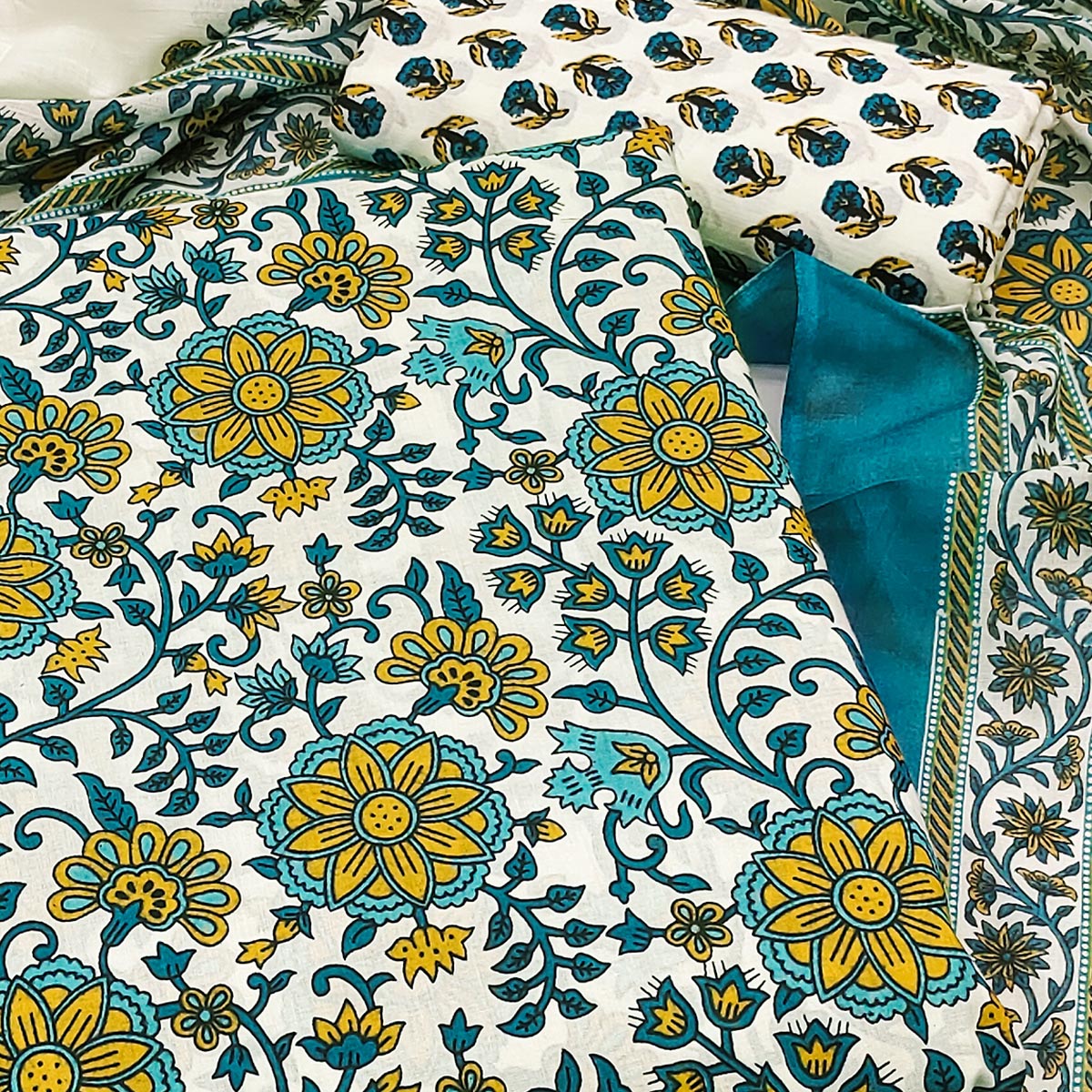 Rama Blue Floral Printed Pure Cotton Dress Material