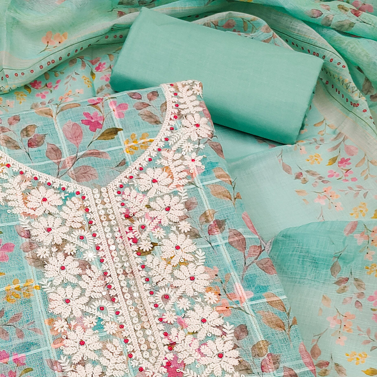 Turquoise Floral Printed With Embroidery Cotton Blend Dress Material