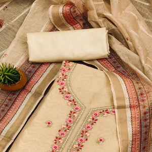 Beige Floral Embroidered Chanderi Dress Material