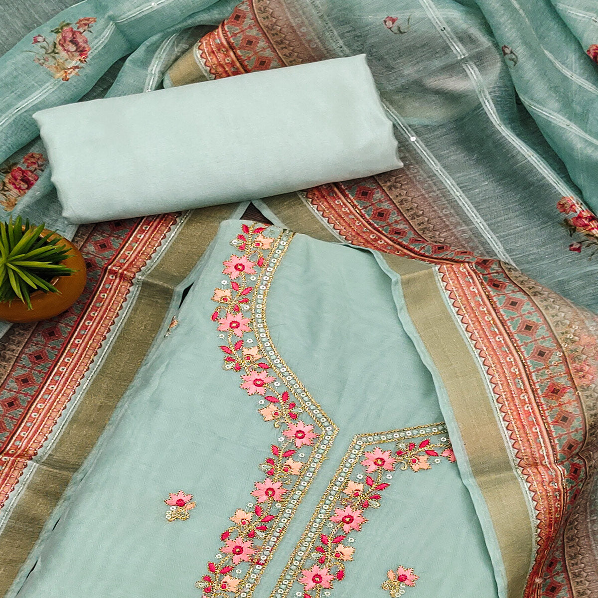 Sea Green Floral Embroidered Chanderi Dress Material