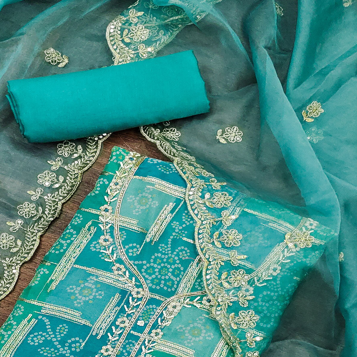 Turquoise Bandhani Style Embroidered Organza Dress Material