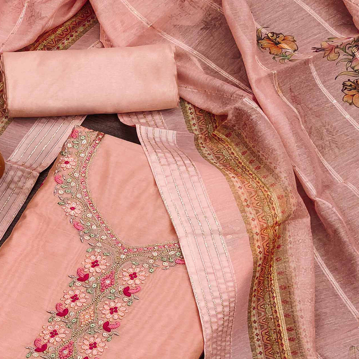 Peach Floral Embroidered Chanderi Dress Material