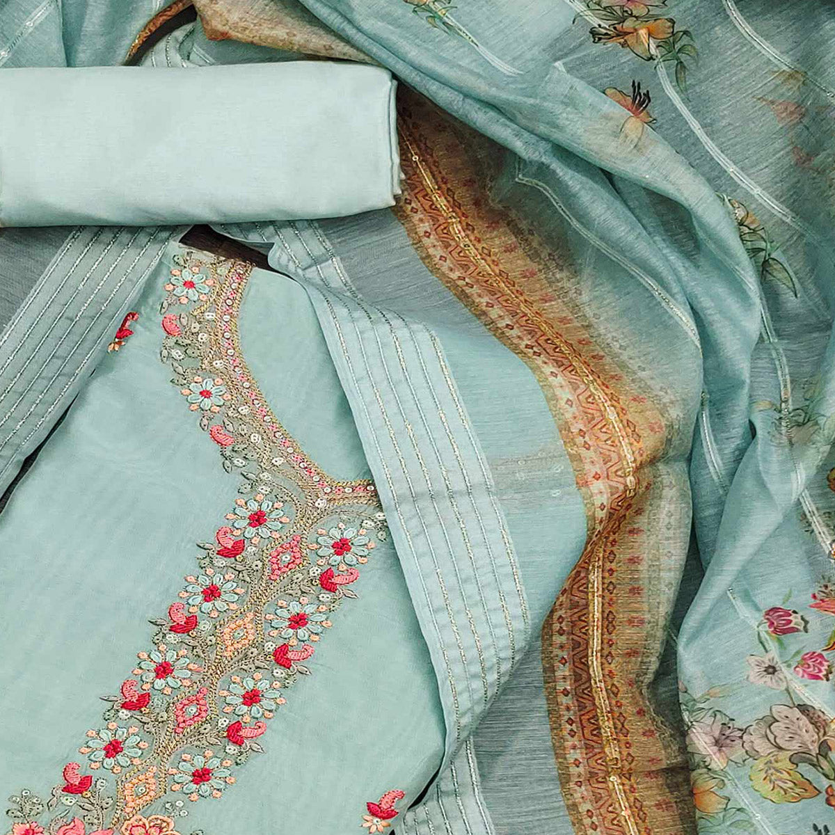 Sea Green Floral Embroidered Chanderi Dress Material