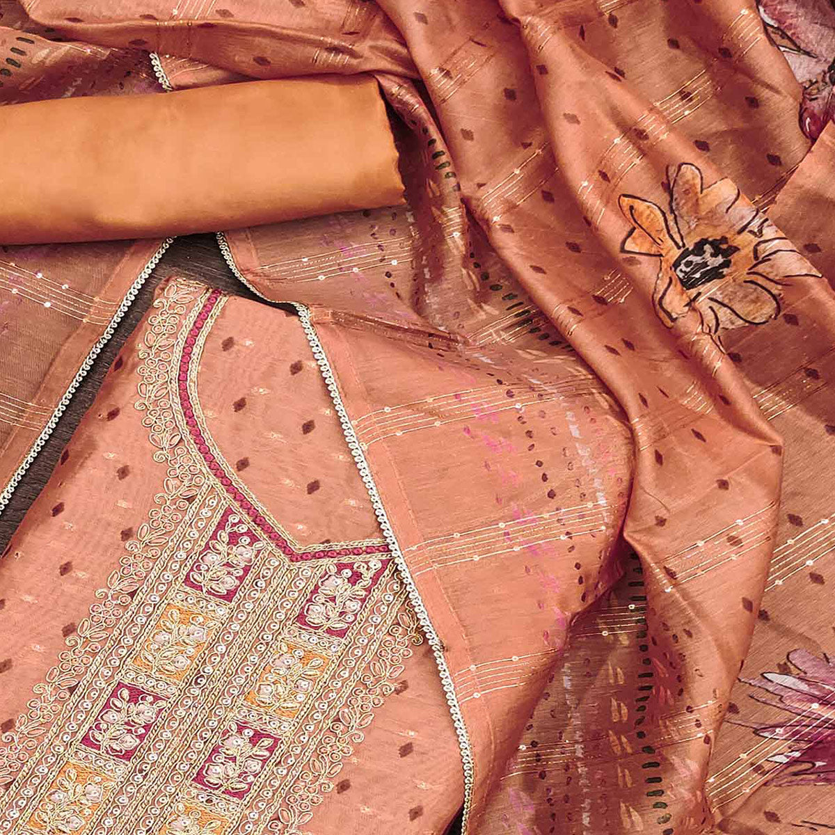 Peach Floral Printed With Embroidered Chanderi Dress Material