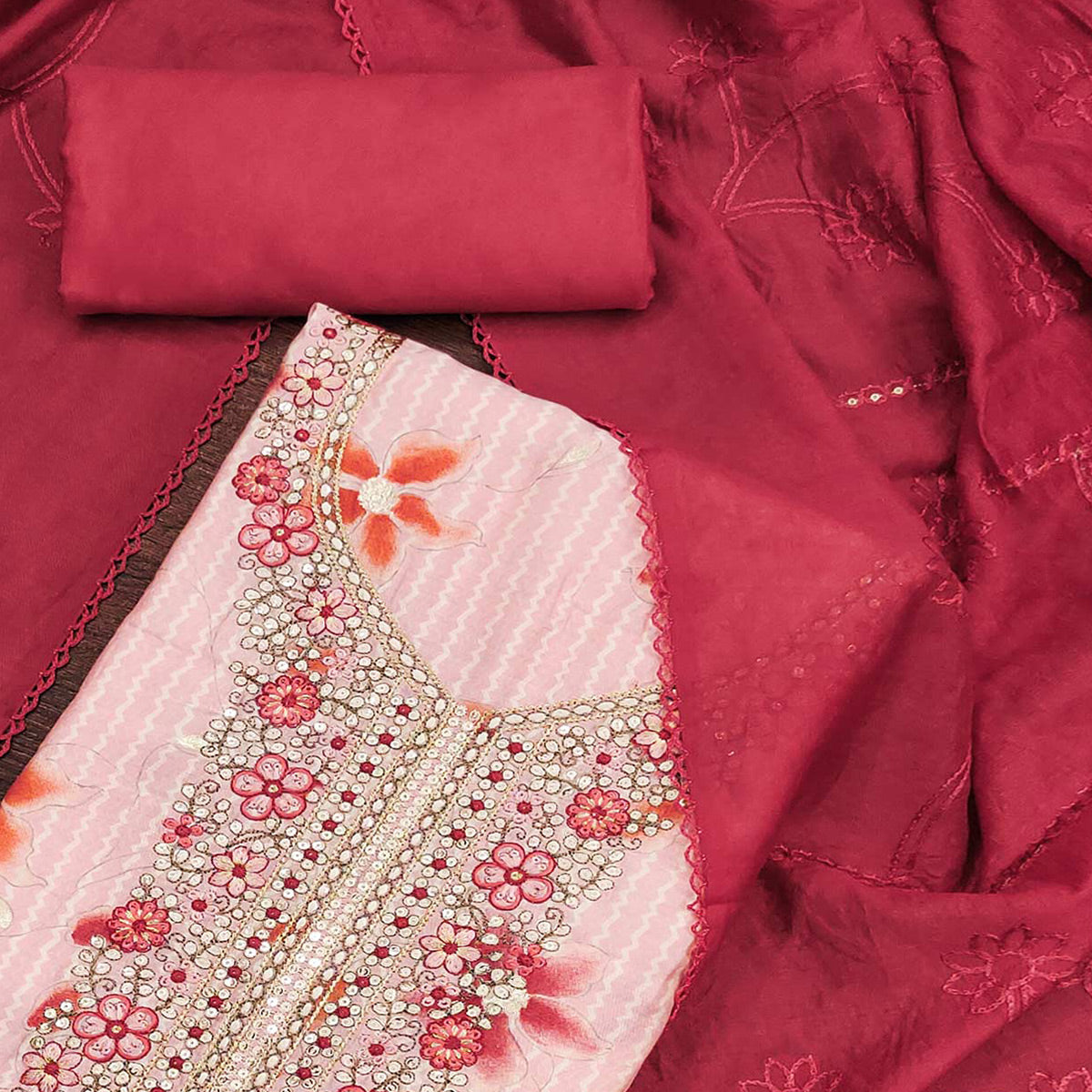 Peach Floral Printed With Embroidered Pure Cotton Dress Material