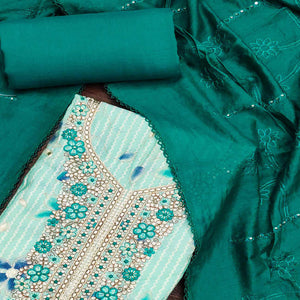 Turquoise Floral Printed With Embroidered Pure Cotton Dress Material