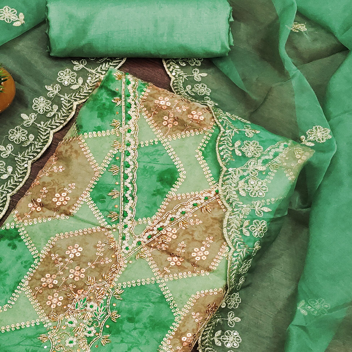 Green Floral Sequins Embroidered Organza Dress Material