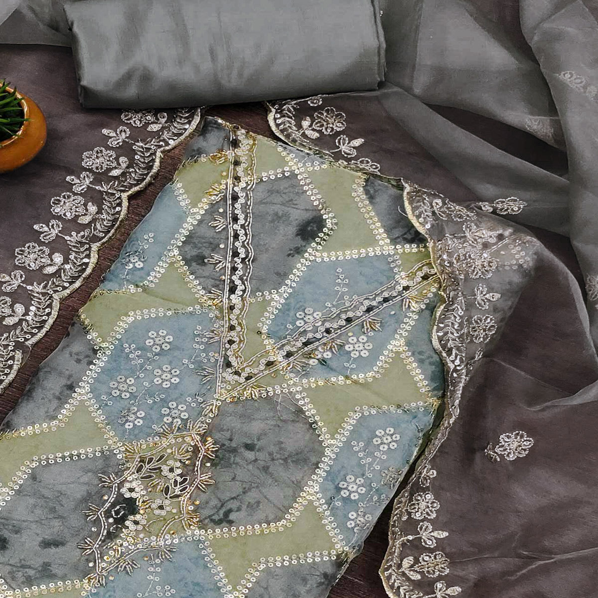 Grey Floral Sequins Embroidered Organza Dress Material
