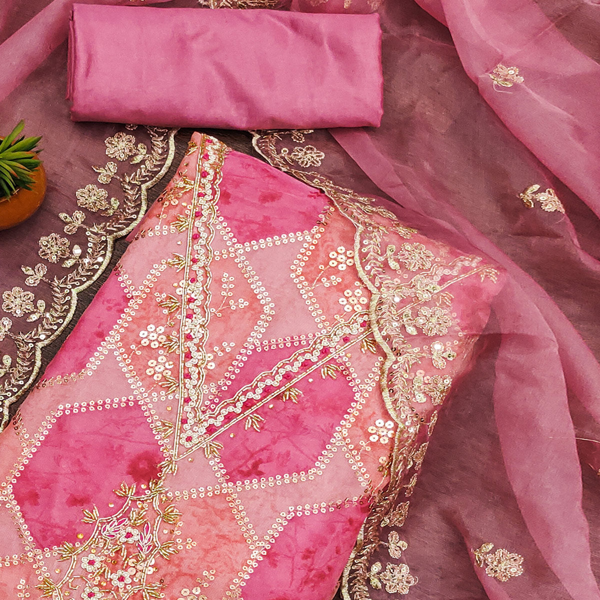 Pink Floral Sequins Embroidered Organza Dress Material