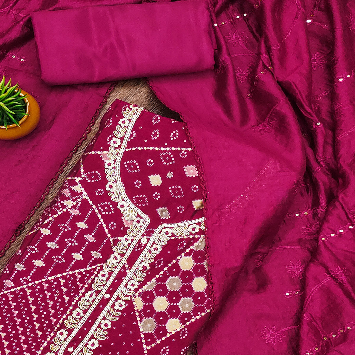 Pink Floral Embroidery With Foil Printed Pure Cotton Dress Material