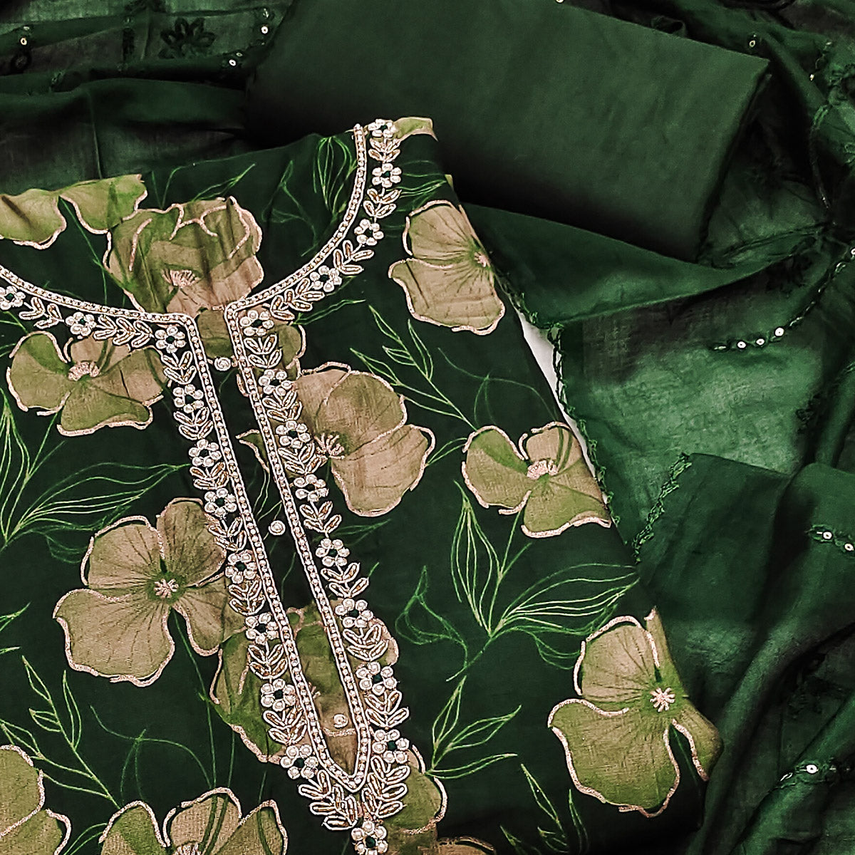 Green Floral Printed With Handwork Cotton Silk Dress Material