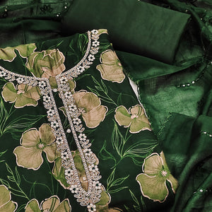 Green Floral Printed With Handwork Cotton Silk Dress Material