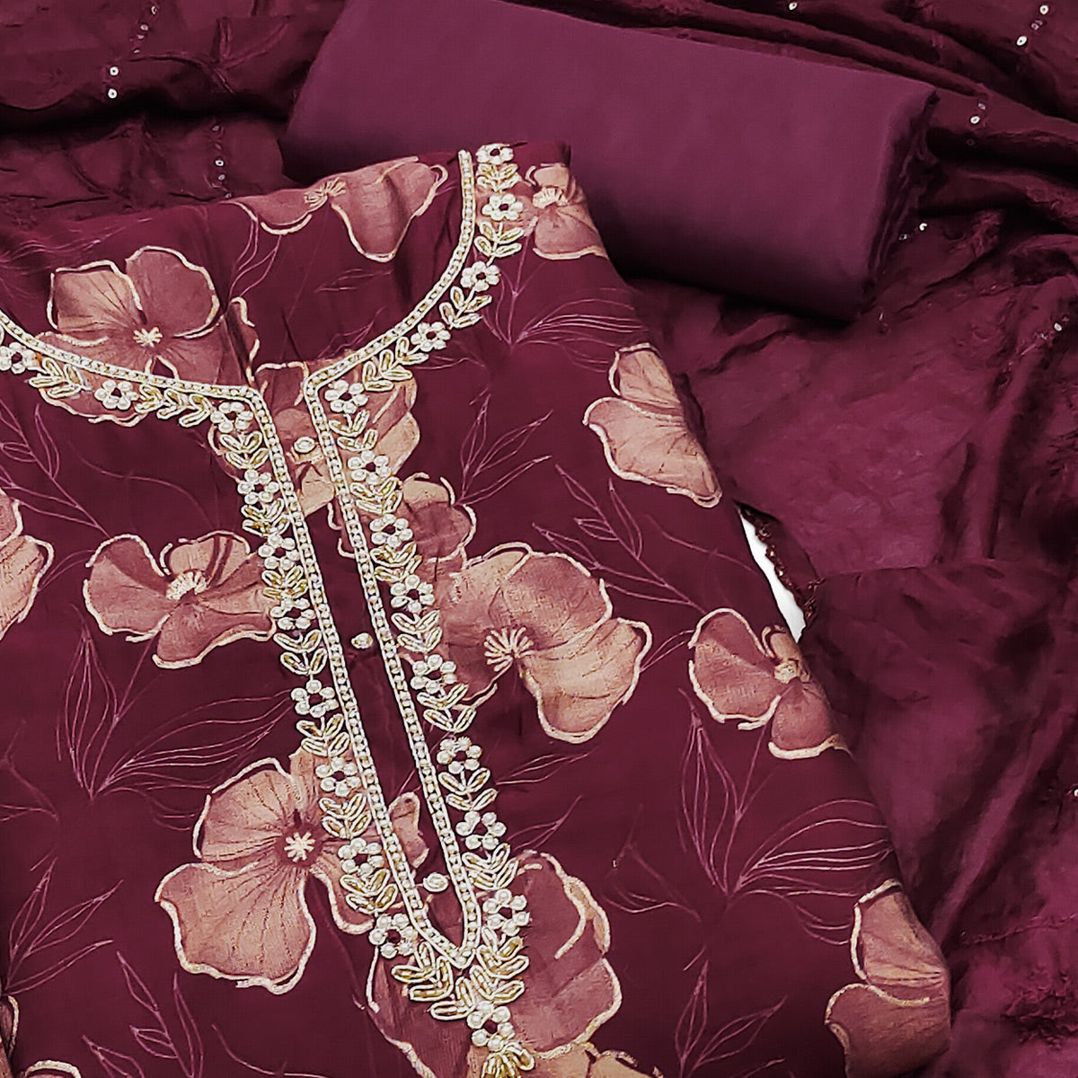 Wine Floral Printed With Handwork Cotton Silk Dress Material