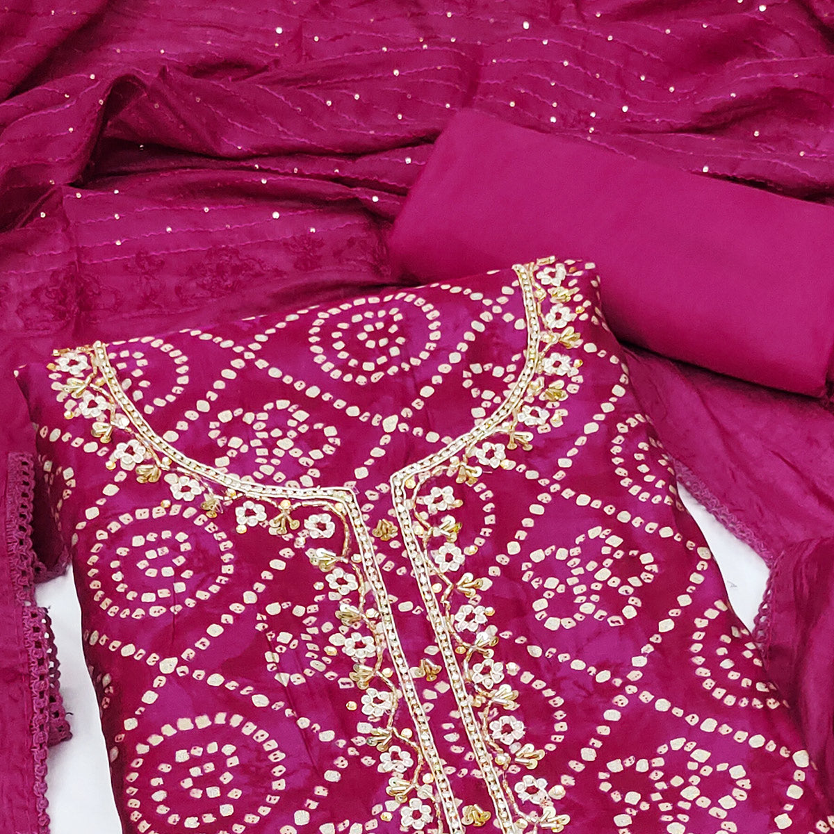 Pink Bandhani Printed Cotton Silk Dress Material