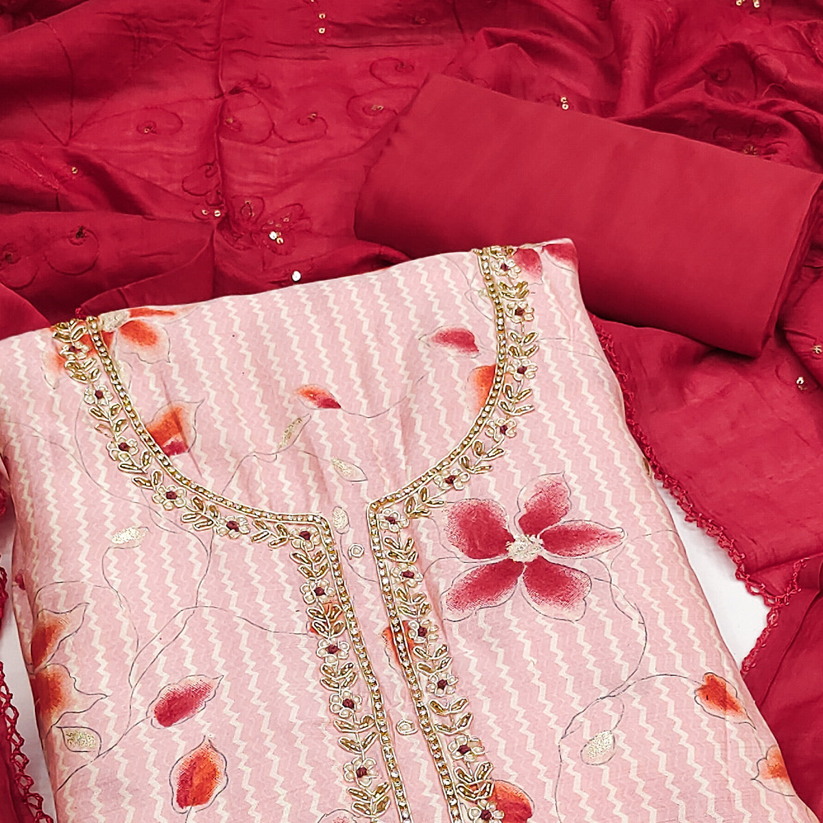 Pink Floral Printed Cotton Silk Dress Material