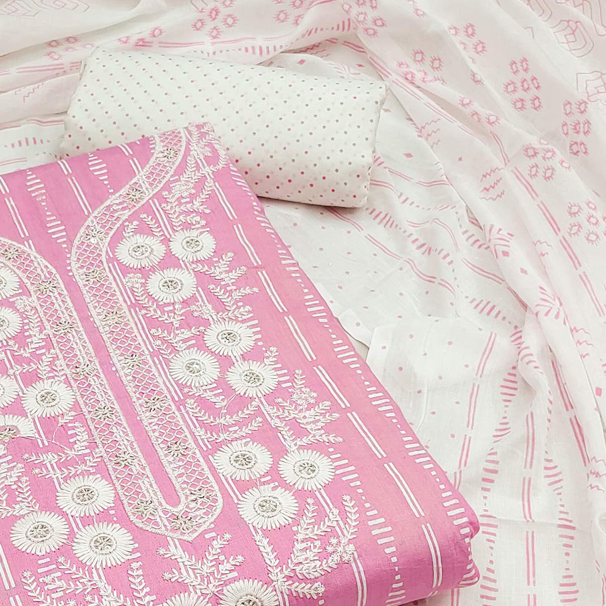 Pink Printed With Yoke Embroidered Pure Cotton Dress Material
