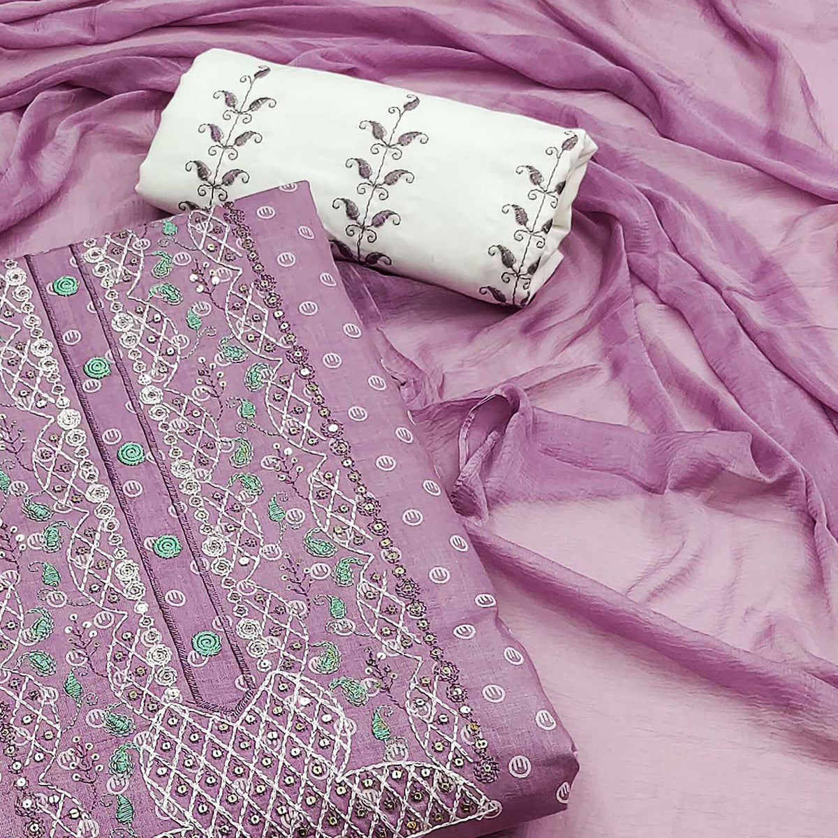 Purple Printed With Yoke Embroidered Pure Cotton Dress Material